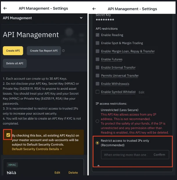 Binance ke official page mein App version ka API Management screen: baain taraf API key banane se pehle chaar hidayat, daain taraf permission list aur IP access restriction