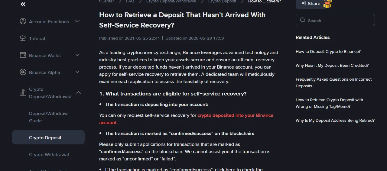 Binance Deposit Nahi Aaya? Self-Service Recovery Ki Sharait, Process Aur Fees