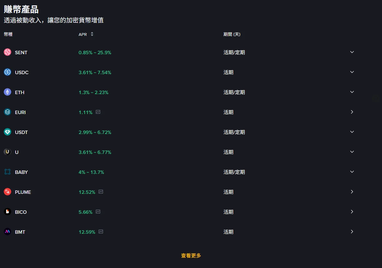 幣安賺幣產品頁的幣種與 APR 列表，顯示 SENT 0.85% ~ 25.9%、USDC 3.61% ~ 7.54%、ETH 1.3% ~ 2.23%、USDT 2.99% ~ 6.72% 等年化區間，右側標示活期或定期