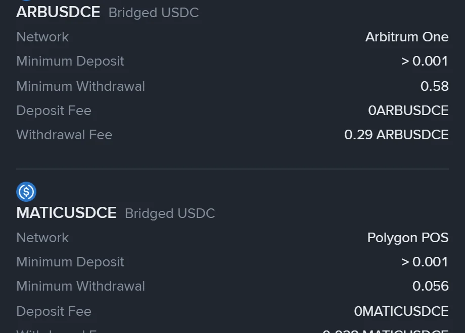 Binance fee page par ARBUSDCE (Bridged USDC, network Arbitrum One, Withdrawal Fee 0.29 ARBUSDCE) aur MATICUSDCE (Bridged USDC, network Polygon POS) ke do card