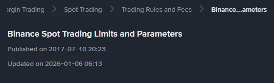 幣安官方說明頁 Binance Spot Trading Limits and Parameters 的標題與更新日期