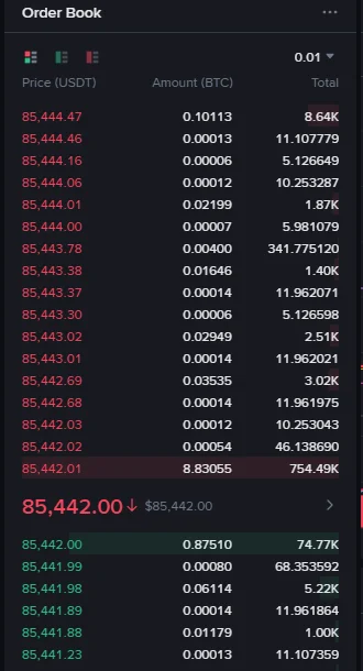 Binance English spot trading page ka Order Book panel: upar surkh sell orders, neeche sabz buy orders aur darmiyan mein taza qeemat