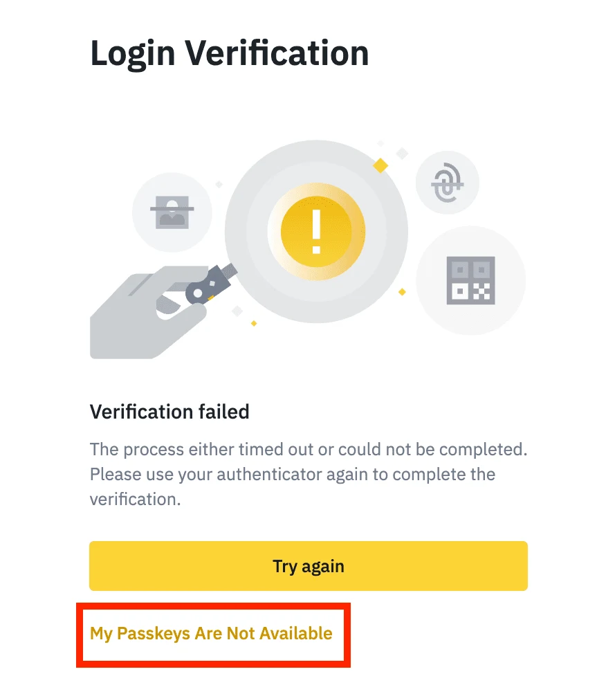 Binance ke official guide ka screenshot: Login Verification popup jis par "Verification failed" likha hai, Try again button ke neeche "My Passkeys Are Not Available" ka link surkh dabbe mein numayan hai
