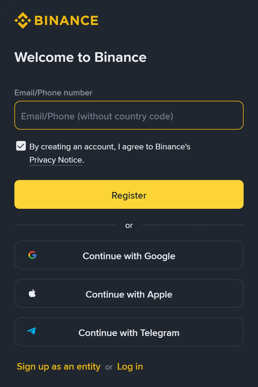 Binance ka registration page mobile width par: upar "Welcome to Binance", neeche Email/Phone number ka khaana, peela Register button, aur Continue with Google, Continue with Apple aur Continue with Telegram ke teen options; sab se neeche "Sign up as an entity or Log in" ka link