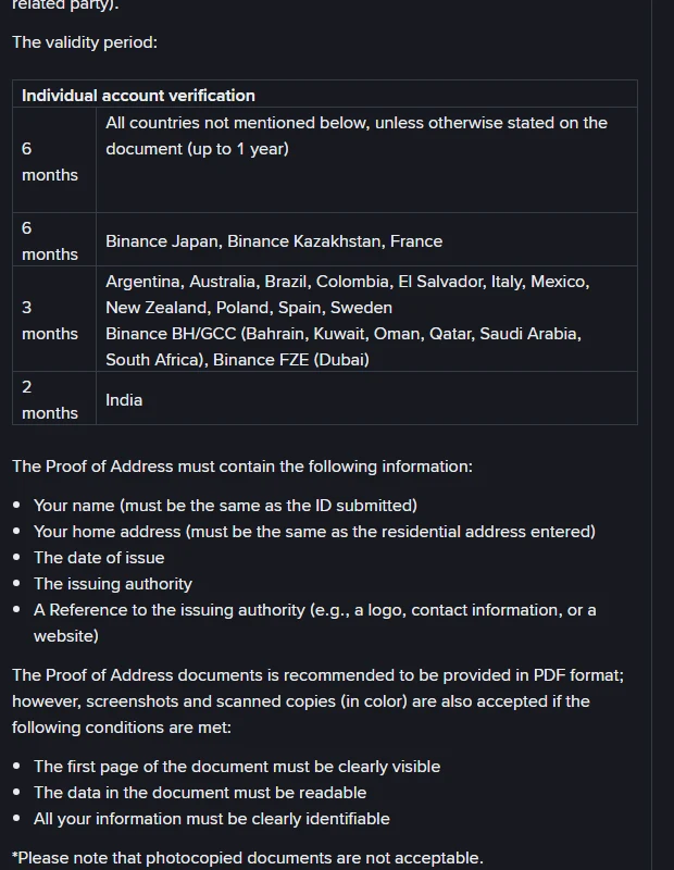 Binance ke official page par Proof of Address ki validity period table jis mein 6 months, 3 months aur 2 months wale mumalik darj hain, neeche zaroori paanch maloomat aur format ki sharait