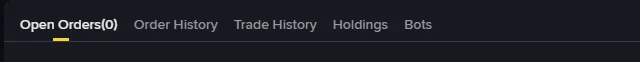 Binance ke English spot trading page ke neeche tabs ki qatar: Open Orders(0), Order History, Trade History, Holdings aur Bots