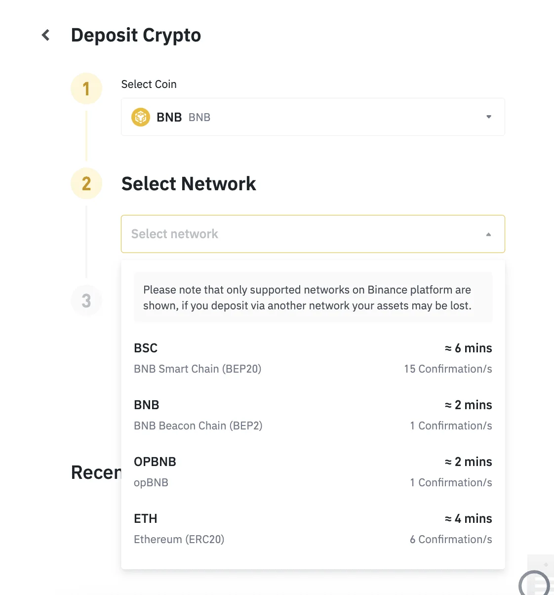 Binance 官方幫助文件中的 Deposit Crypto 界面示例，先選 BNB 幣種，再從支援清單選擇入金網路。