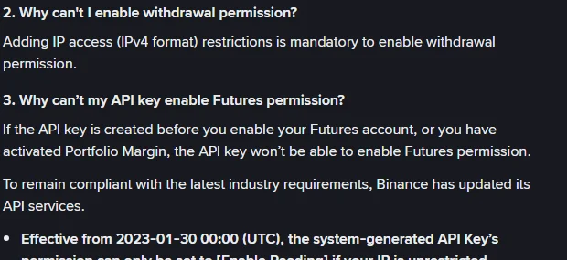 Binance ke official page ke doosre aur teesre sawal, jin mein withdrawal permission ke liye IP restriction aur 2023-01-30 se lagu rule likha hai
