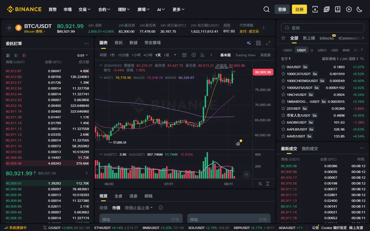 Binance 現貨交易頁面，左側委託訂單、中間 K 線圖、下方下單區可切換限價與市價