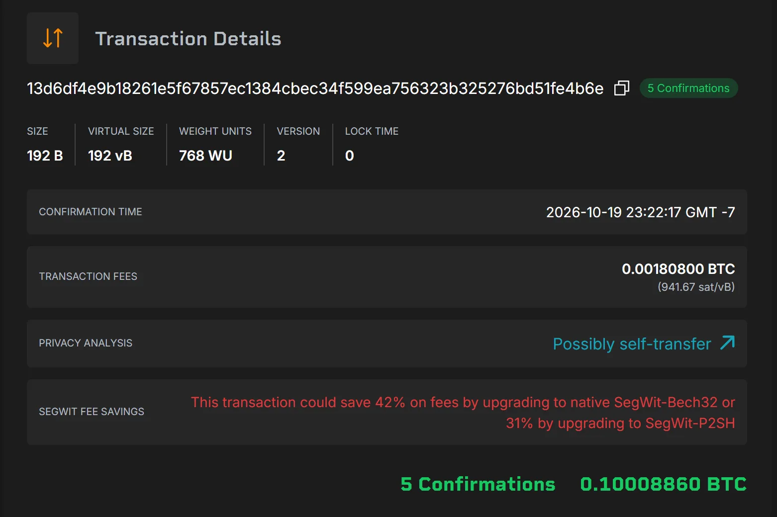 Blockstream 區塊瀏覽器的交易詳情頁，交易編號旁標示 5 Confirmations，下方 Confirmation Time 欄顯示 2026-10-19 23:22:17 GMT -7，頁面底部再次顯示 5 Confirmations 與金額 0.10008860 BTC