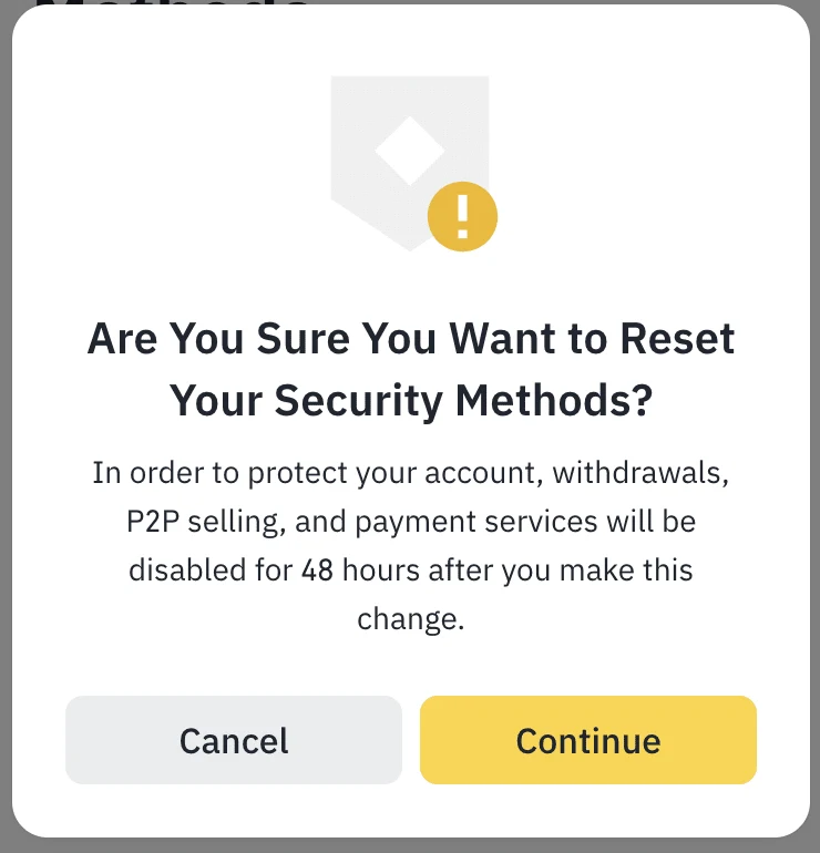 Binance 2FA 重設確認視窗,說明提領、P2P 賣出及支付服務將停用 48 小時