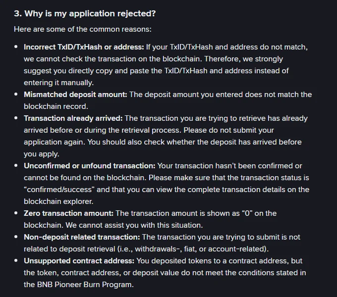 Binance ke official page par darkhwast reject hone ki saat aam wajuhat, jin mein TxID aur address ka na milna, amount ka farq aur pehle se credit ho chuka deposit shamil hai