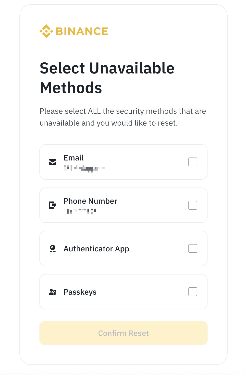 Binance 2FA 重設頁面,列出 Email、Phone Number、Authenticator App 和 Passkeys