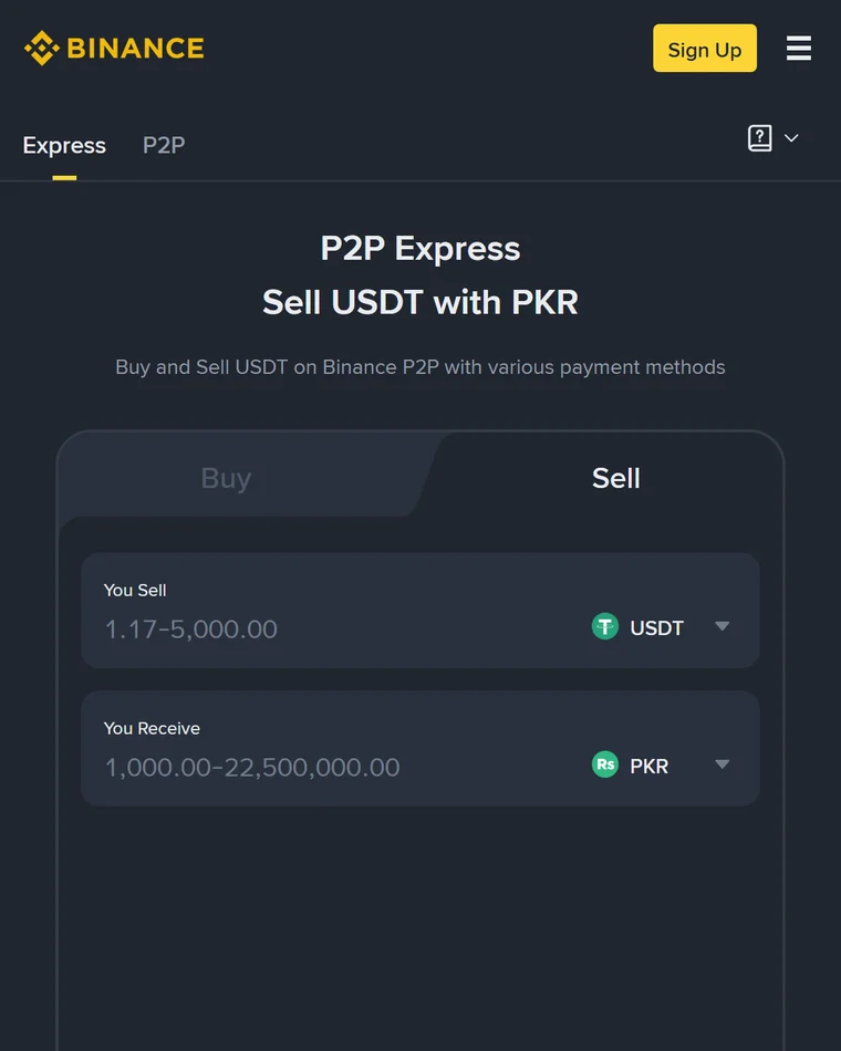 Binance P2P Express ka "Sell USDT with PKR" page, Sell tab mein You Sell 1.17-5,000.00 USDT aur You Receive 1,000.00-22,500,000.00 PKR ki range likhi hui
