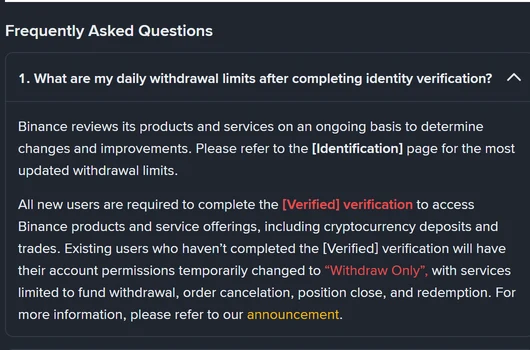 Binance Help Center ke FAQ section mein daily withdrawal limits ka official jawab, jo Identification page dekhne ko kehta hai