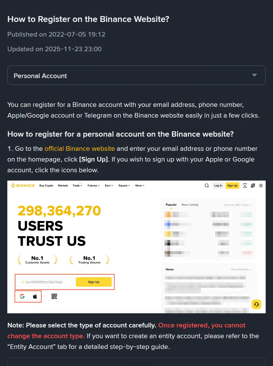 Binance ke English help page "How to Register on the Binance Website?" ka screen: title ke neeche Published on 2022-07-05 aur Updated on 2025-11-23 likha hai, step 1 ke saath Binance homepage ka sign up box dikhaya gaya hai, aur neeche surkh alfaz mein "Once registered, you cannot change the account type"