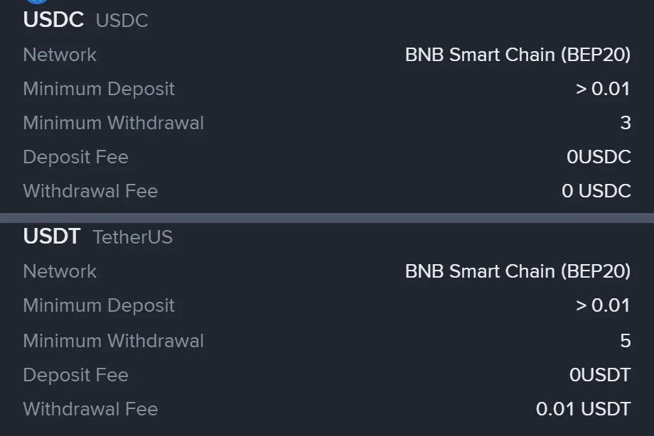 Binance ke Crypto Deposit and Withdrawal Fee page ke do hisse jor kar: upar USDC ka BNB Smart Chain (BEP20) par Withdrawal Fee 0 USDC aur Minimum Withdrawal 3, neeche USDT ka usi chain par Withdrawal Fee 0.01 USDT aur Minimum Withdrawal 5