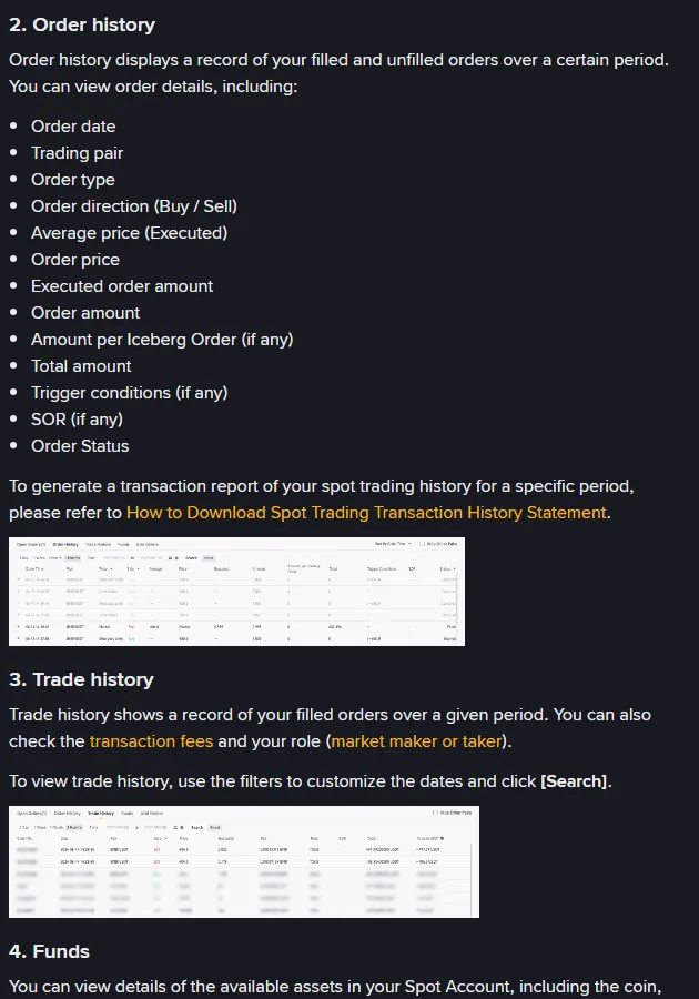 Binance support page ke Order History aur Trade History sections jin mein dono ke fields aur official interface ki misaal wali tables dikhayi gayi hain
