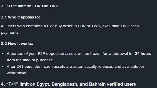 Binance ke official page par EUR aur TWD ke T+1 limit ki tafseel, jo har C2C buyer par lagti hai