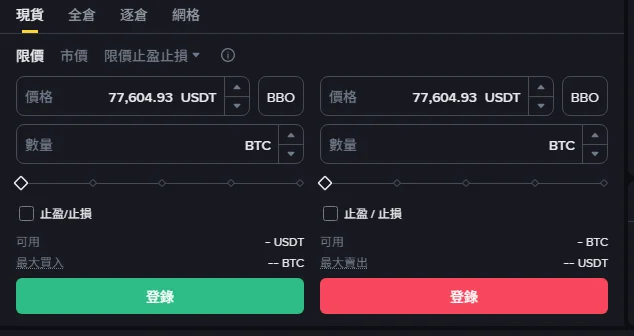 幣安現貨交易頁的限價下單框，已選擇限價分頁，欄位依序為價格、數量與可用餘額