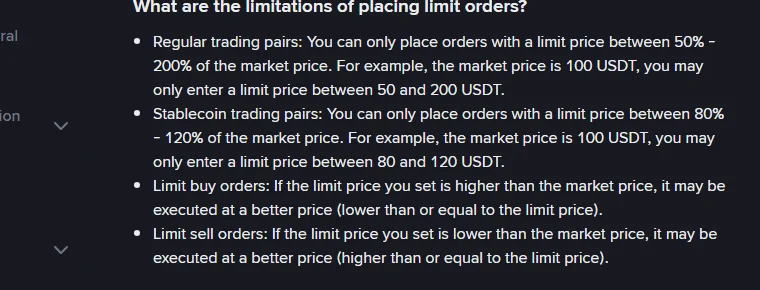 Binance ke official page ka hissa jis mein limit orders ki hudood darj hain: aam pairs ke liye 50 se 200 percent aur stablecoin pairs ke liye 80 se 120 percent