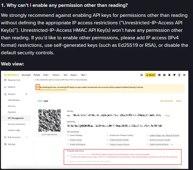 Binance ke official page ka API permissions wala sawal, neeche web version ke API Management screen mein permission checkbox aur IP access restriction ka red box