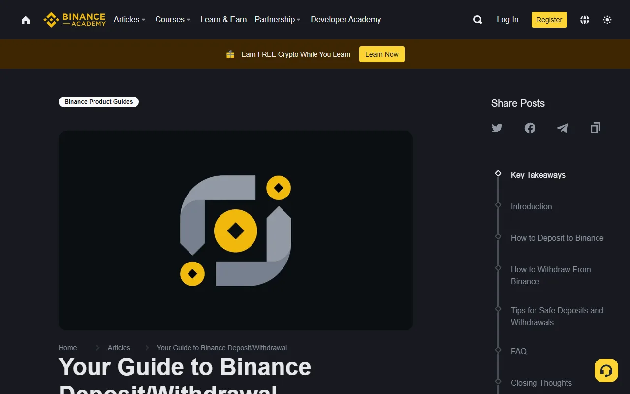 Binance Academy ka public guide page, jahan Your Guide to Binance Deposit/Withdrawal ka title aur deposit, withdrawal aur safety sections ki fehrist nazar aati hai.