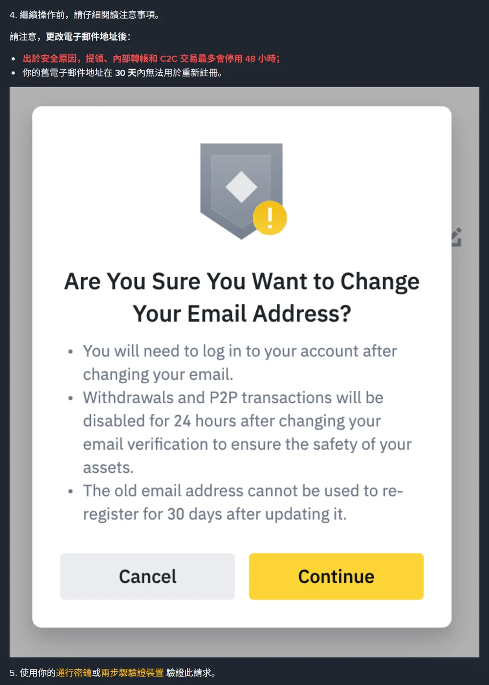 Binance email badalne wale guide ke notes: surkh text mein 48 ghante band hone aur purana email 30 din tak register na hone ki pabandi, neeche confirmation window ka screenshot 24 hours likhta hai