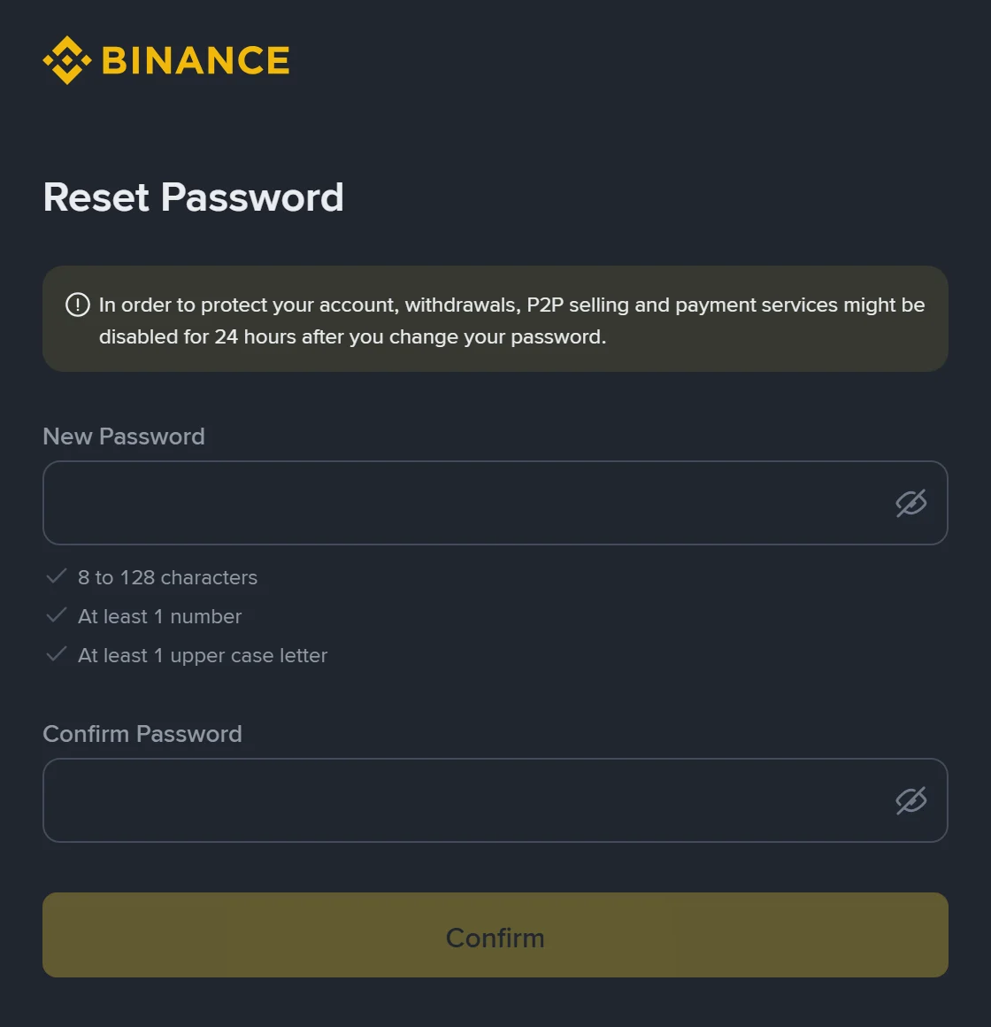 Binance ka Reset Password safha, upar ke dabbe mein 24 ghante ki pabandi ka notice aur neeche naye password ke teen rules: 8 to 128 characters, At least 1 number, At least 1 upper case letter