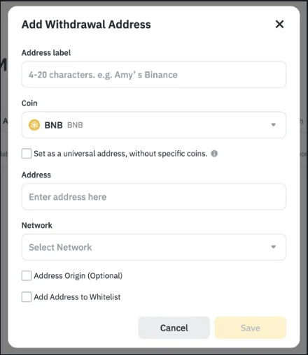 Binance ke official help page mein diya gaya "Add Withdrawal Address" form ka demo, jis mein Address label, Coin, universal address ka checkbox, Address, Network, Address Origin aur Add Address to Whitelist ke khane nazar aate hain