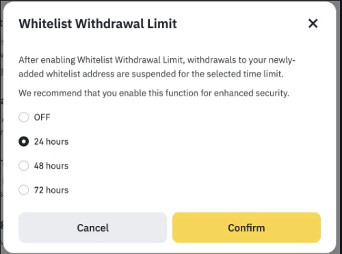 Binance ke official help page mein "Whitelist Withdrawal Limit" pop-up ka demo, jis mein likha hai ke enable karne par whitelist mein naye add hone wale addresses chune hue waqt tak rok diye jayenge; options OFF, 24 hours, 48 hours aur 72 hours hain