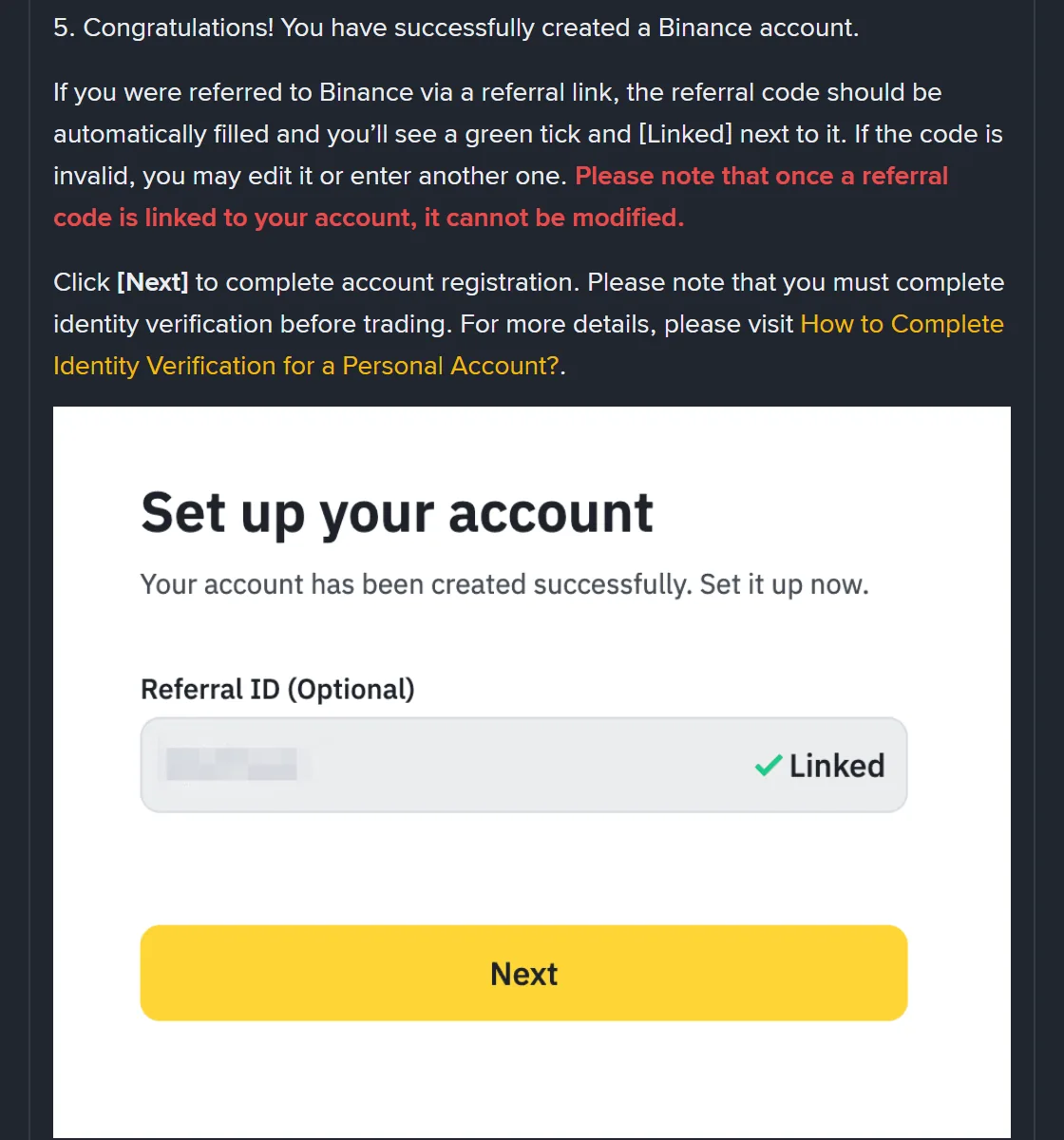 Binance help page ka referral wala hissa: surkh alfaz mein "Please note that once a referral code is linked to your account, it cannot be modified", aur neeche "Set up your account" screen jis mein Referral ID (Optional) ke khaane ke daayen taraf green tick ke sath Linked likha hai
