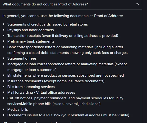 Binance ke official page ka "What documents do not count as Proof of Address?" hissa jis mein retail store credit card statement, payslip, transaction receipt samet chaudah qism ke documents darj hain