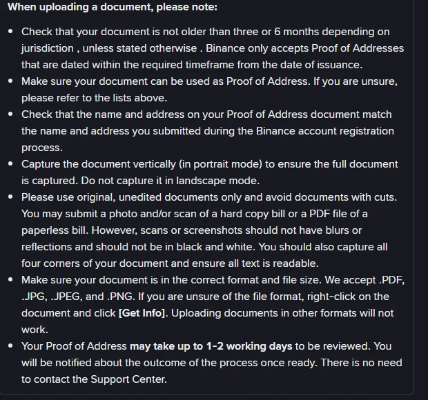 Binance ke official page ka "When uploading a document, please note" hissa jis mein document ki muddat, naam aur address ka match, portrait mode, original document, file formats aur 1-2 working days ka review waqt likha hai